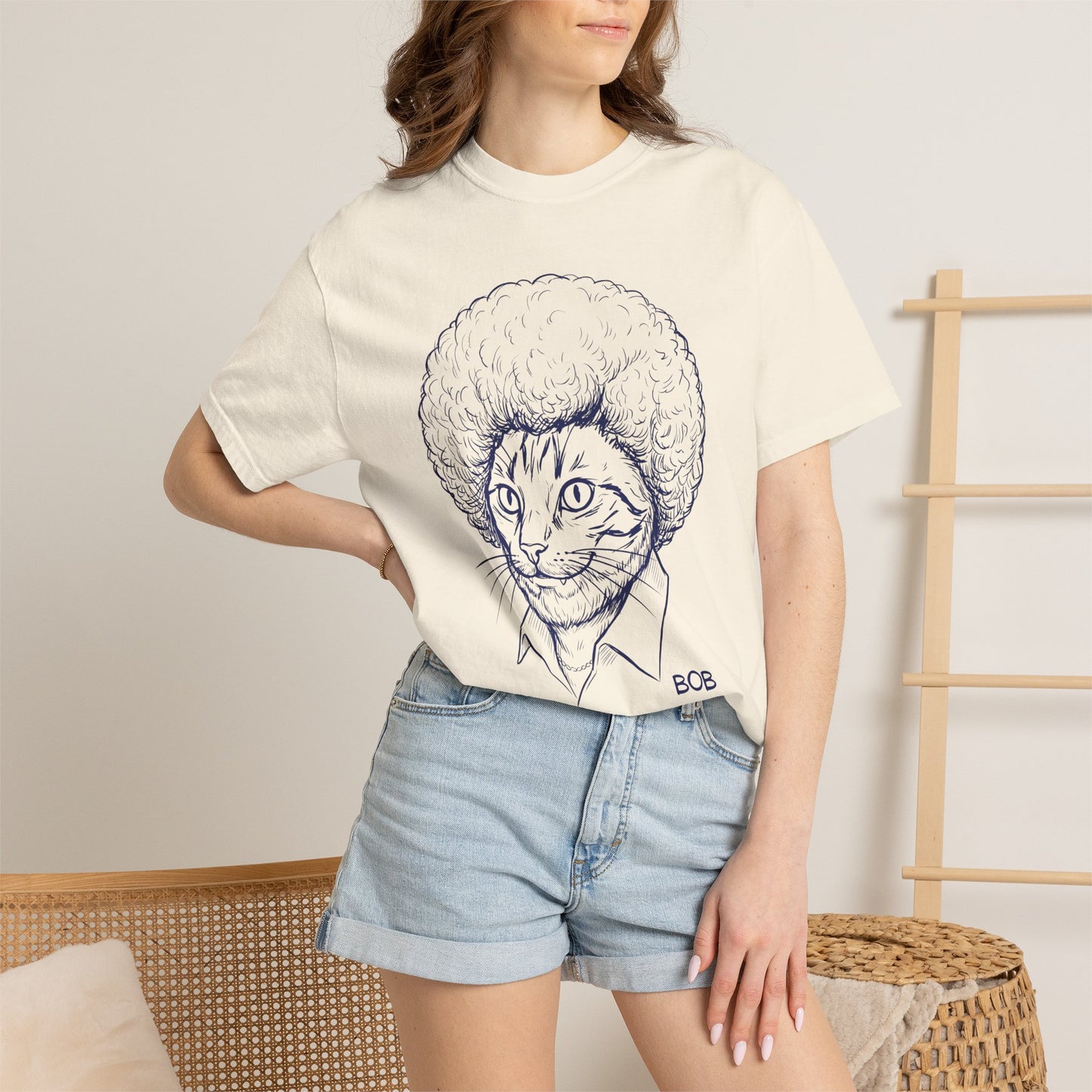Cat with Afro T-Shirt — 'Bob' Retro Sketch Tee