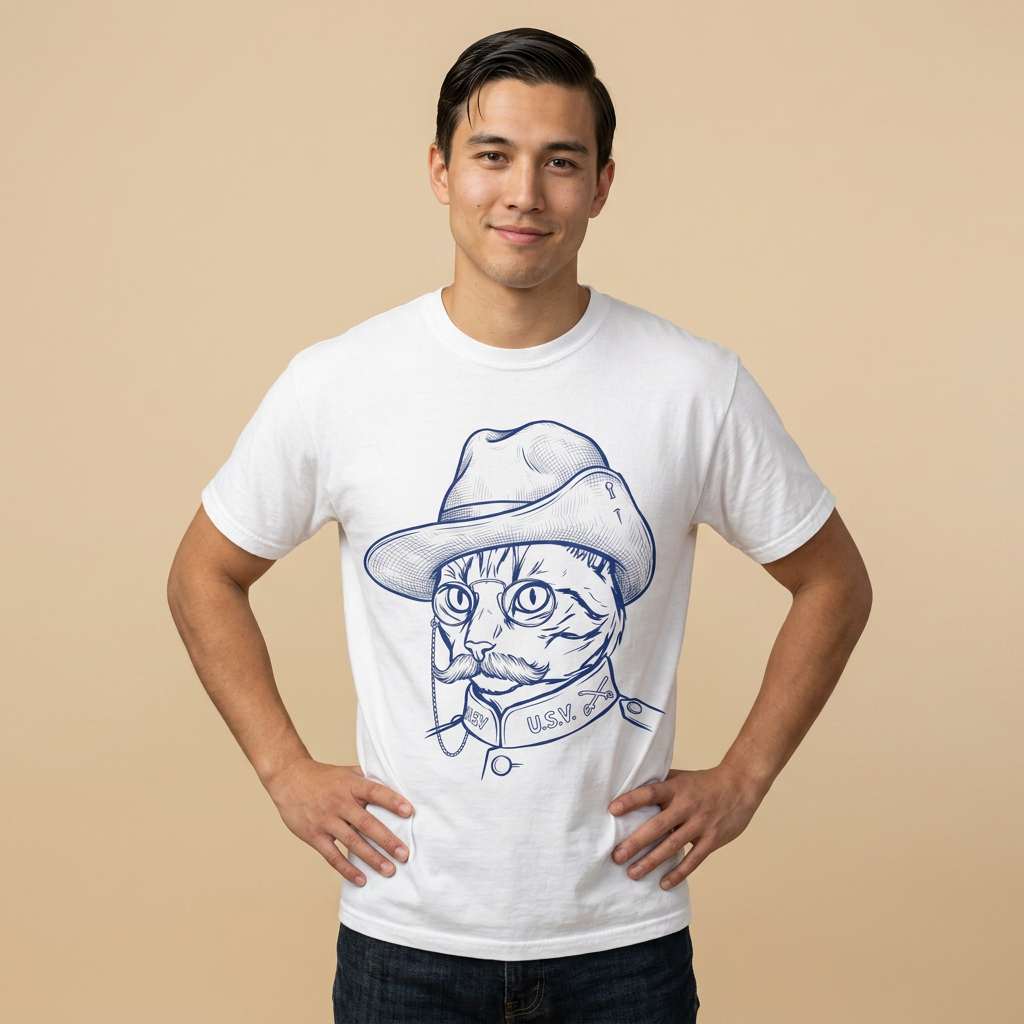 Cat Cowboy T-Shirt — Vintage Line Art Cat in Hat Tee