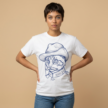 Cat Cowboy T-Shirt — Vintage Line Art Cat in Hat Tee