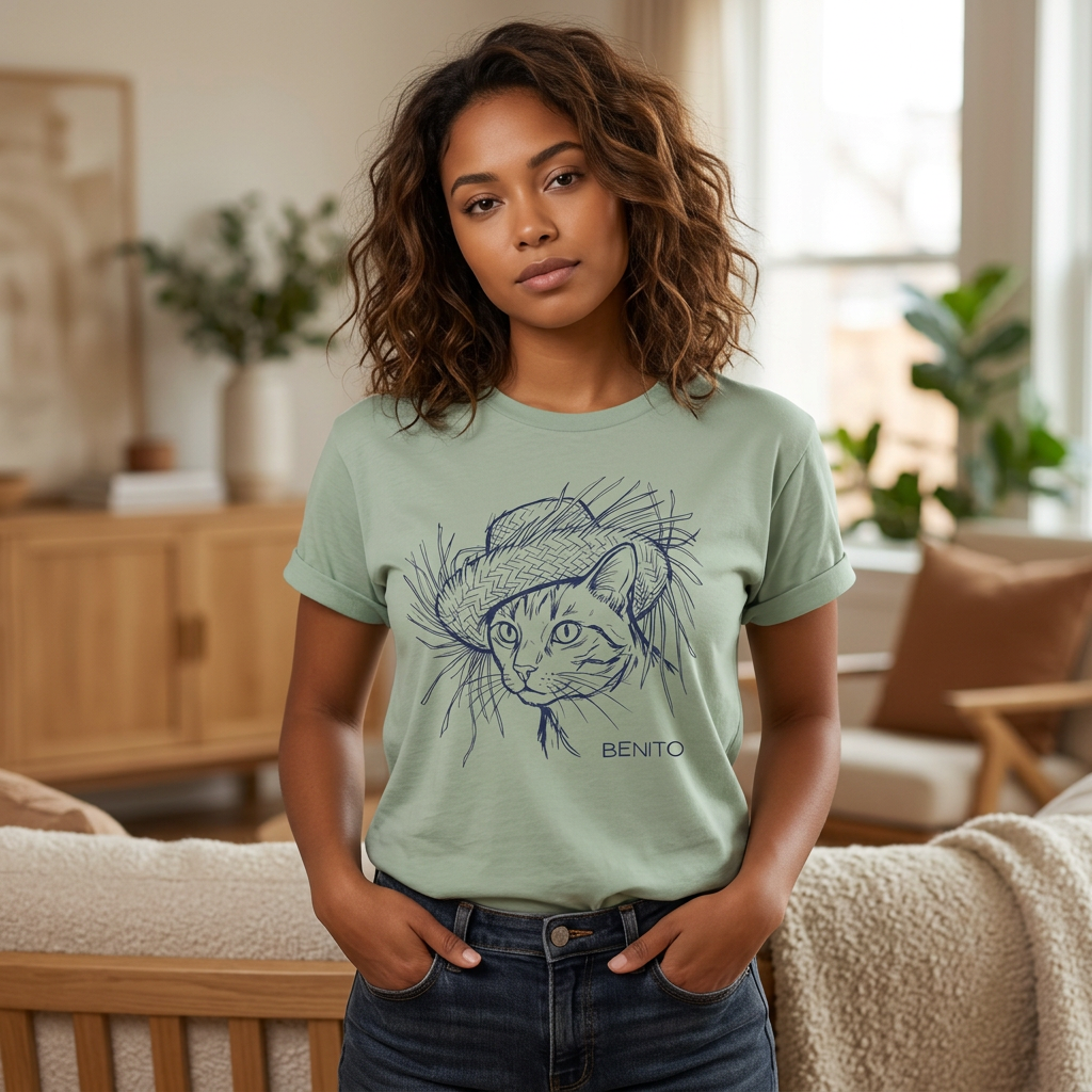 Benito Cat Proudly Wearing Classic Puerto Rican Straw Hat T-Shirt
