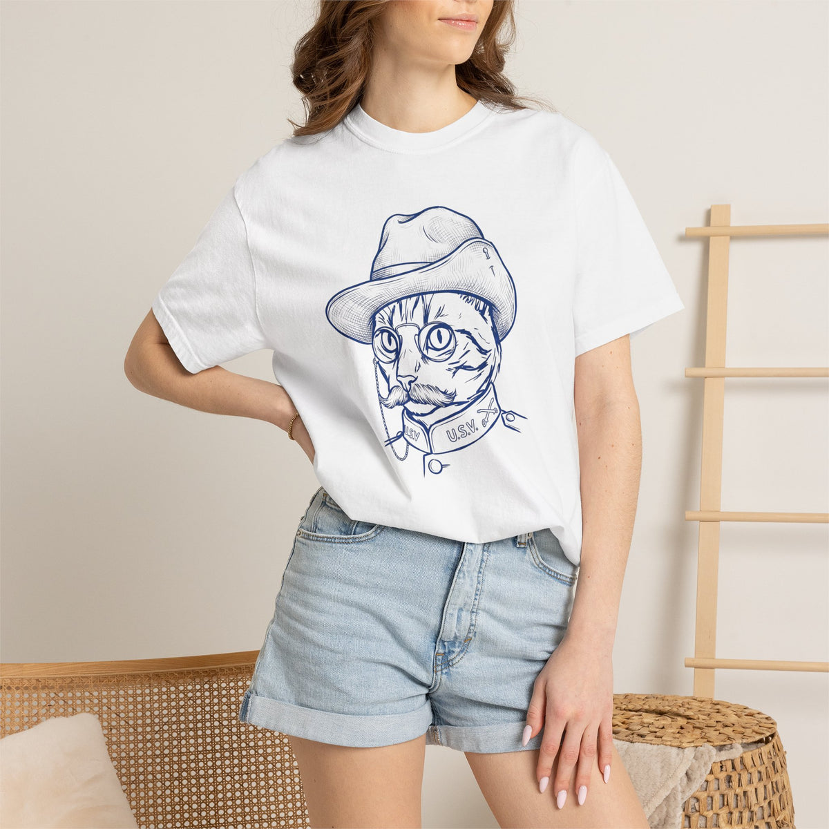 Teddy the Cat T-Shirt — Vintage Line Art Cat as Teddy Roosevelt